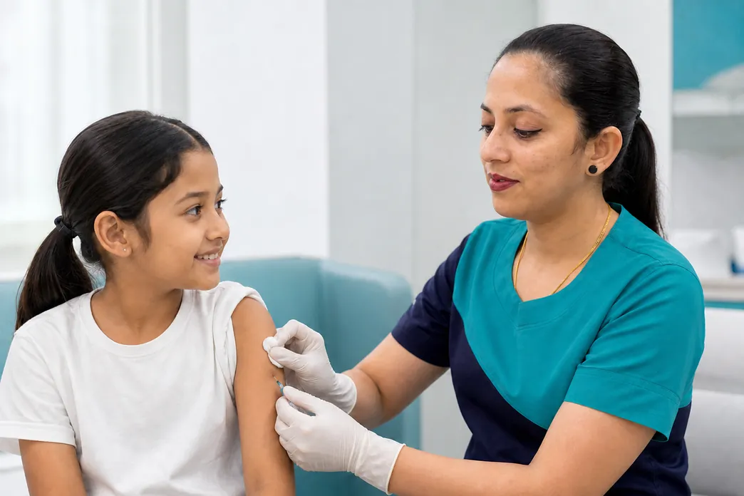 A uniCare nurse giving a child a vaccination